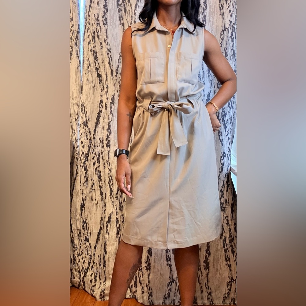 Sleeveless Beige Belted Dress - Picture 5 of 6